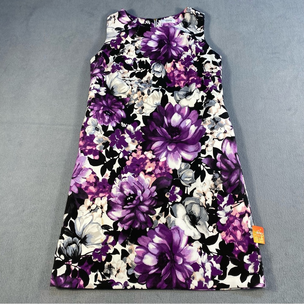 Clovis Women’s Purple Floral Sleeveless Shift Dress, Back Zipper, Side pockets